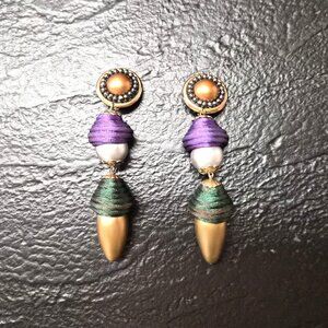 Statement Acorn Dangle Earrings • 4” • Gold Tone • Mixed Materials Boho